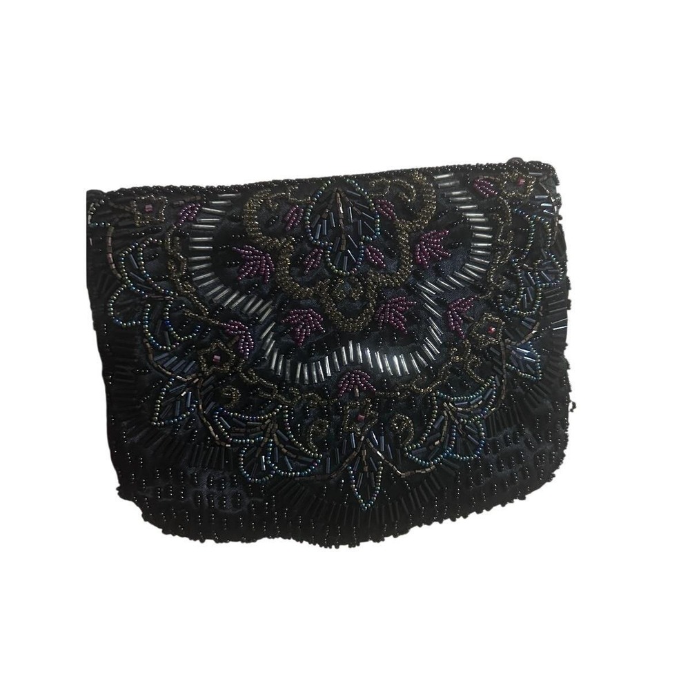 Partners Beaded Evening Bag Womens Small Black Satin Floral Clutch Vintage Good